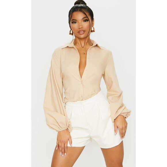 Pretty Little Things Sand Woven Open Back Tie Long Sleeve Shirt Size 4 - Picture 2 of 9